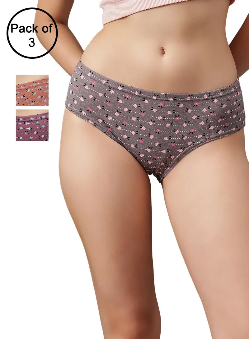 كلوفيا Pack of 3 Printed Mid Waist Hipster Panties with Inner Elastic - 100% Cotton